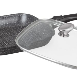 POÊLE GRILL FAÇON PIERRE 28 X 28 cm, COUVERCLE EN VERRE,MANCHE AMOVIBLE PRADEL EXCELLENCE FRANCE