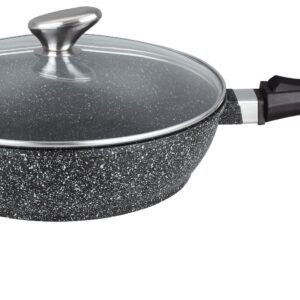 SAUTEUSE FAÇON PIERRE Ø 28 cm FONTE ALU, COUVERCLE EN VERRE,T FEUX+INDUCTION,MANCHE AMOVIBLE