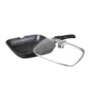 POÊLE GRILL FAÇON PIERRE  24 X 24 cm COUVERCLE EN VERRE MANCHE AMOVIBLE